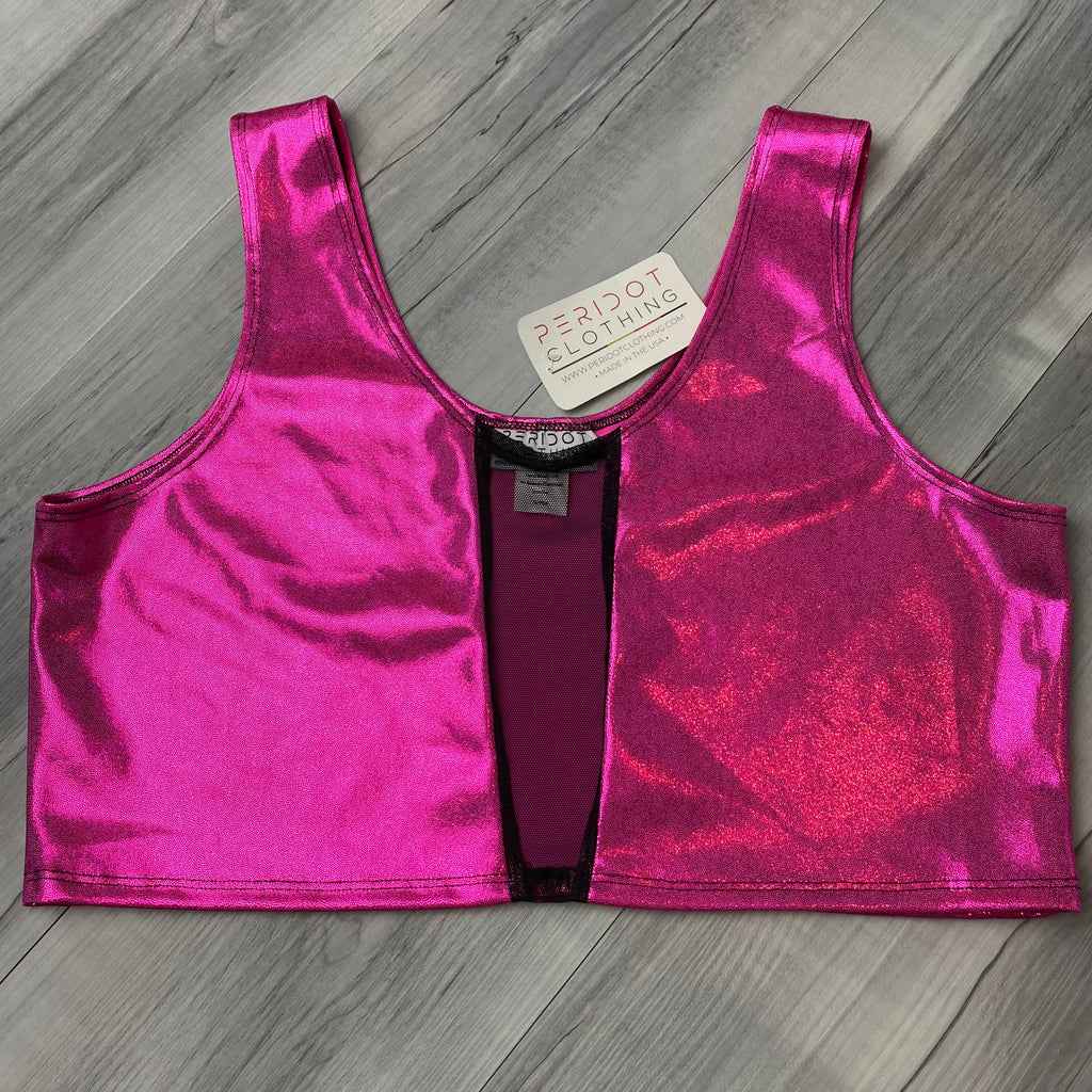 SALE - XL Mesh Inset Crop Tank Top - Pink Sparkle w/Black Mesh - Peridot Clothing