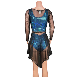Black Mesh Lace-Up Open-Front Asymmetrical Dress Long Sleeve - Sheer Rave Dress - Peridot Clothing