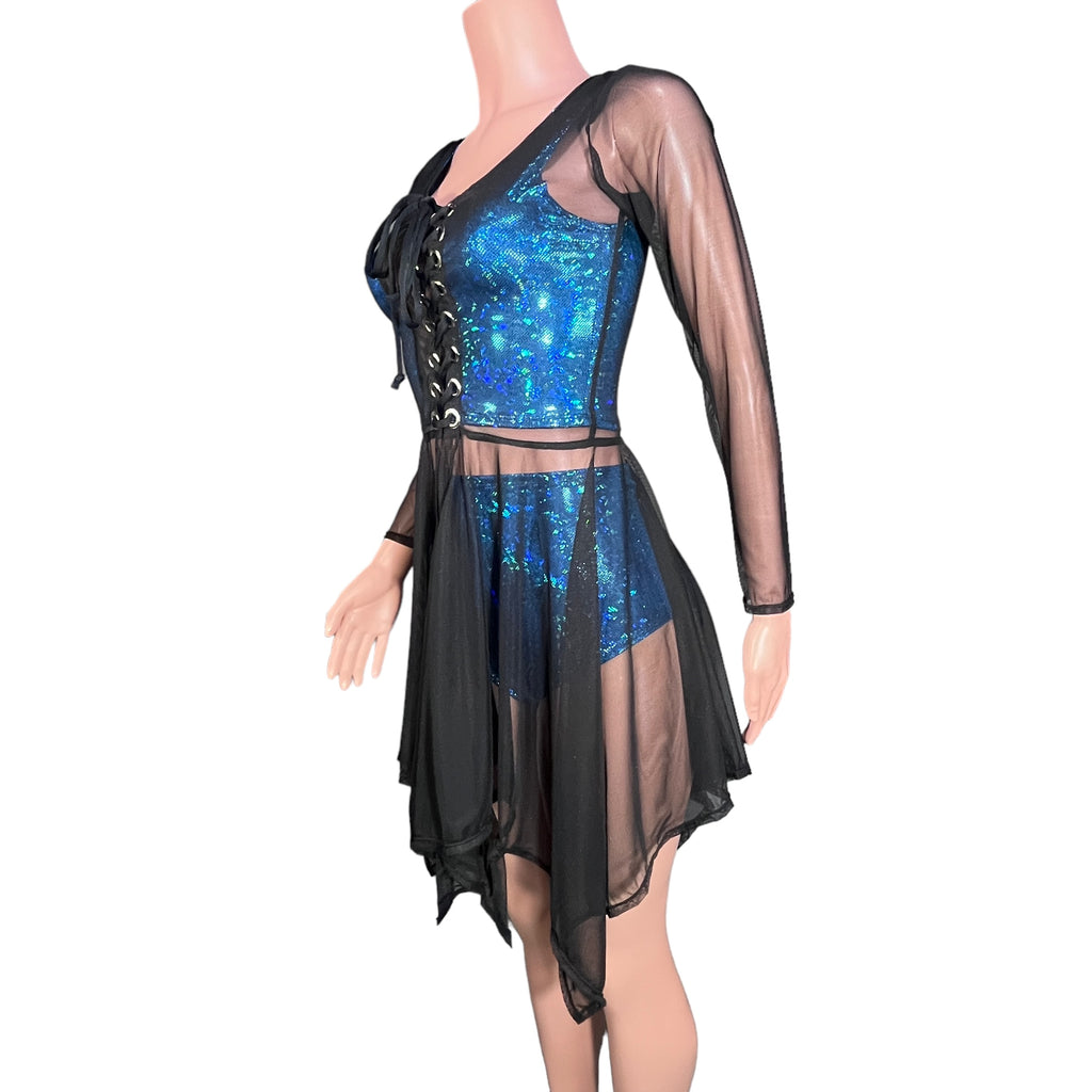 Black Mesh Lace-Up Open-Front Asymmetrical Dress Long Sleeve - Sheer Rave Dress - Peridot Clothing