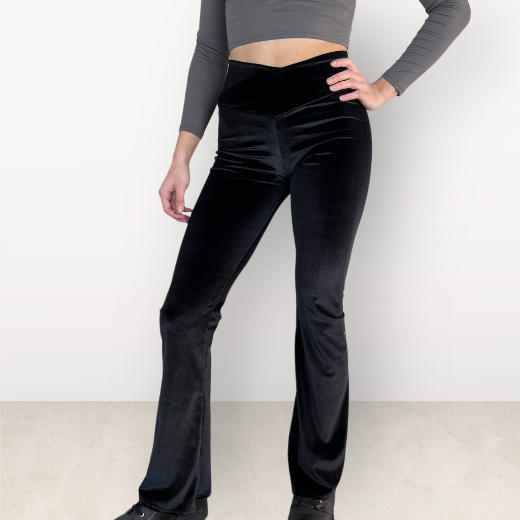 Crossover V-Waist Bootcut Flare Pants - Black Velvet - Peridot Clothing