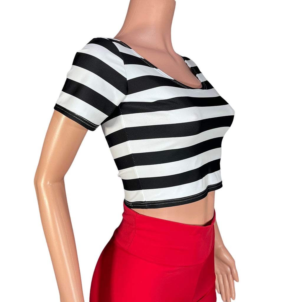 Black & White Striped Short Sleeve Crop Top - Spandex Cropped Shirt for Eras Tour - Peridot Clothing