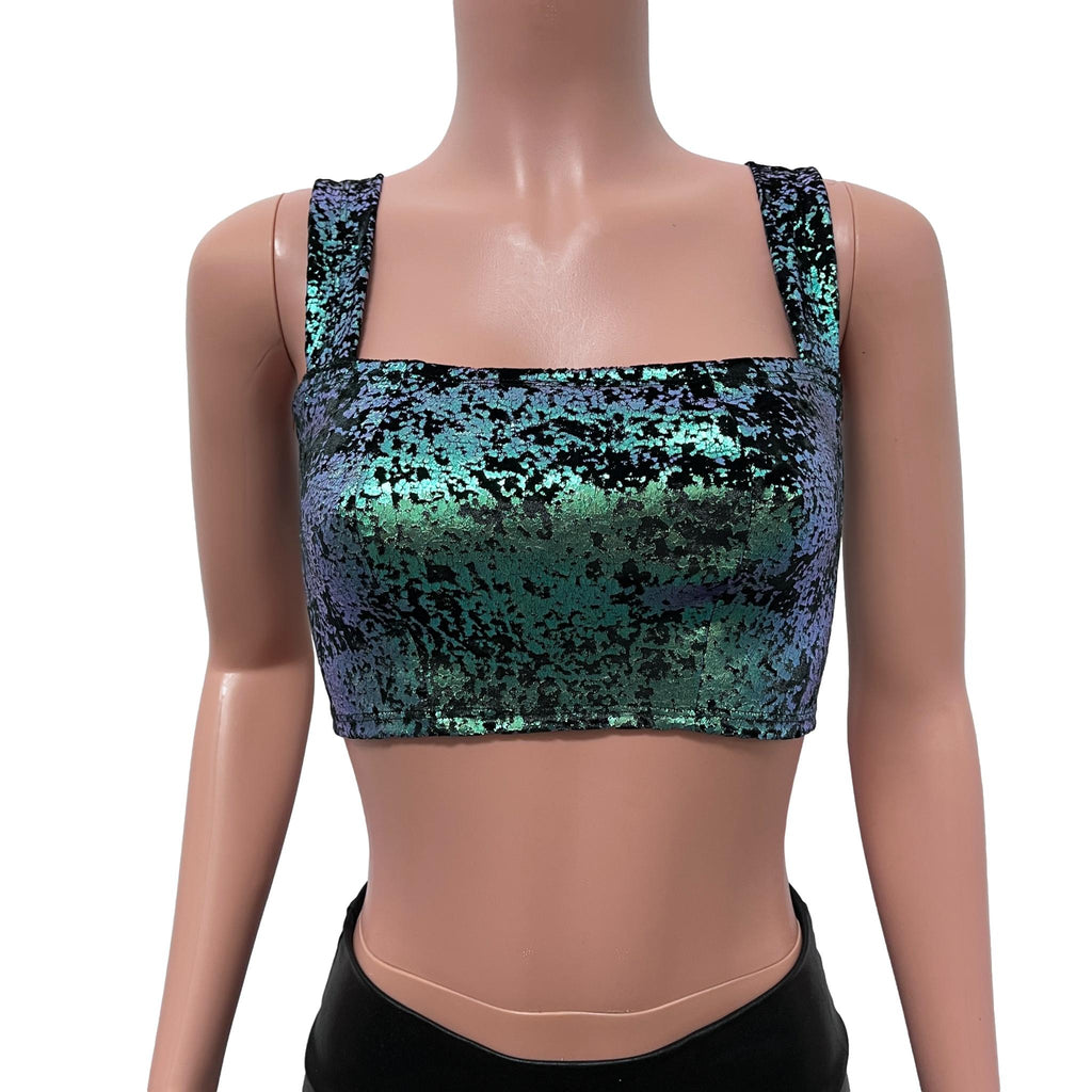 Wide Strap Square Neckline Crop Top -  Green on Black Gilded Velvet - Peridot Clothing