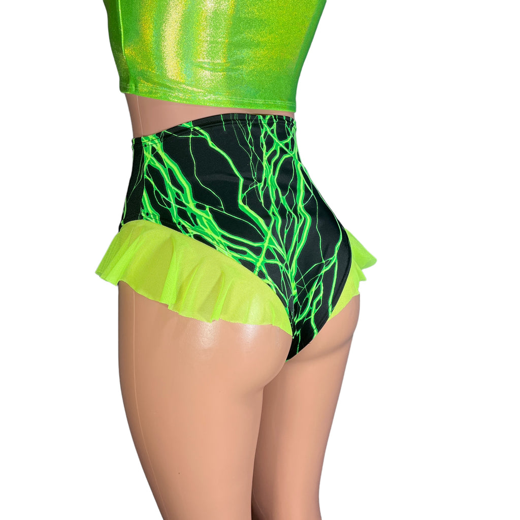Ruffle Hot Pants High-Waisted Cheeky Bikini in Green Lightning - Peridot Clothing