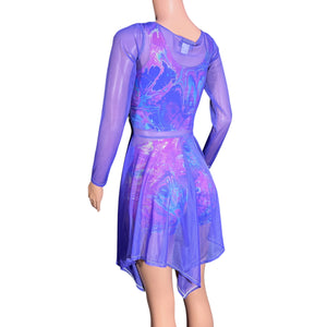 Lavender Purple Mesh Long Sleeve Lace-Up Open-Front Asymmetrical Dress - Sheer Rave Dress - Peridot Clothing