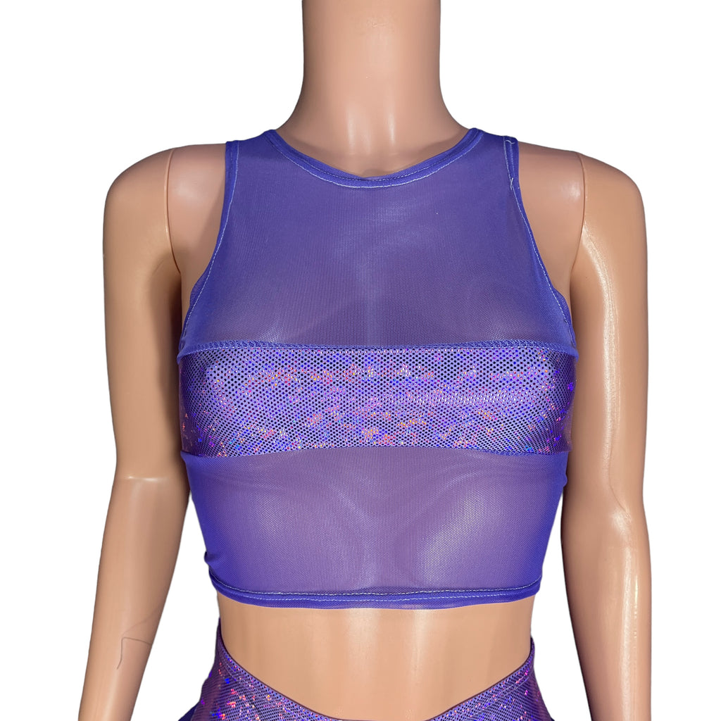 Mesh Censor Crop Tank - Lavender Mesh w/ Shattered Glass Holographic - Peridot Clothing