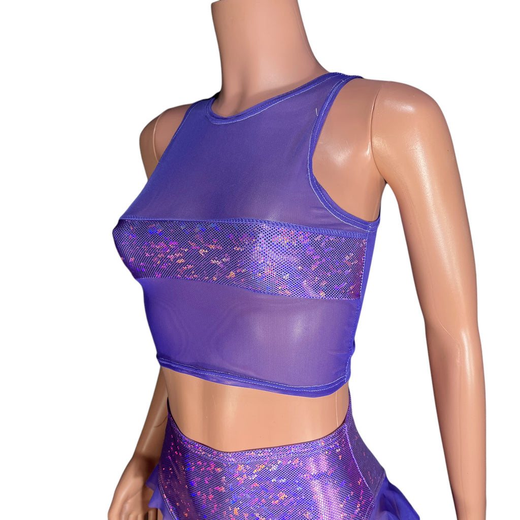 Mesh Censor Crop Tank - Lavender Mesh w/ Shattered Glass Holographic - Peridot Clothing