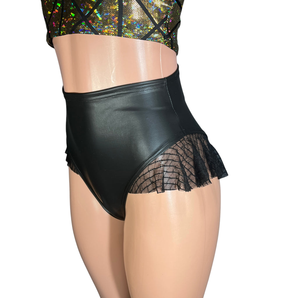 Ruffle Hot Pants High-Waisted Cheeky Bikini in Black Matte Metallic Spandex w/Vixen Mesh - Peridot Clothing