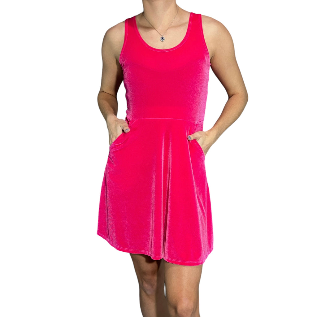 Neon Pink Velvet A-line Mini Dress w/Pockets - Peridot Clothing