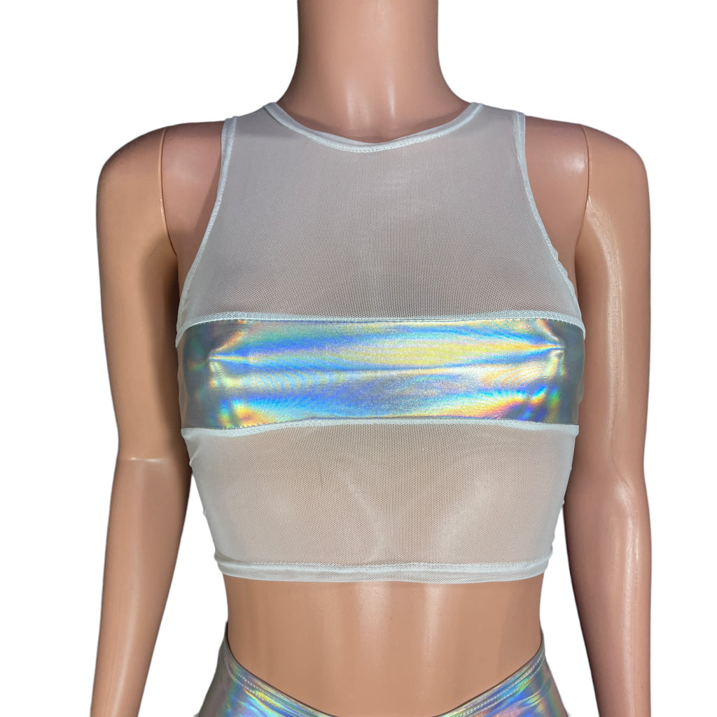 Opal and Mesh Censor Crop Tank - White Mesh w/ Opal Iridescent Holographic