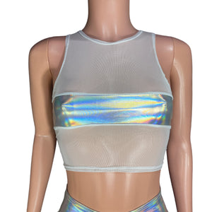 Opal and Mesh Censor Crop Tank - White Mesh w/ Opal Iridescent Holographic - Peridot Clothing