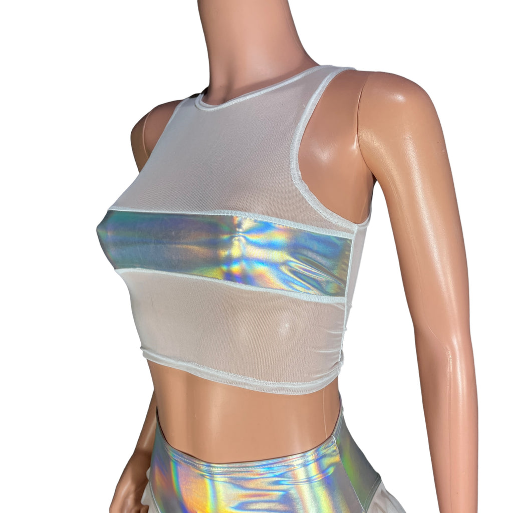 Opal and Mesh Censor Crop Tank - White Mesh w/ Opal Iridescent Holographic