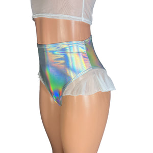 Ruffle Hot Pants High-Waisted Cheeky Bikini in Opal Holographic - Peridot Clothing
