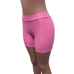 Biker Shorts in Pink Gingham Checkered Plaid Barbie Spandex - Choose Low, Mid, or High-Waist. - Peridot Clothing