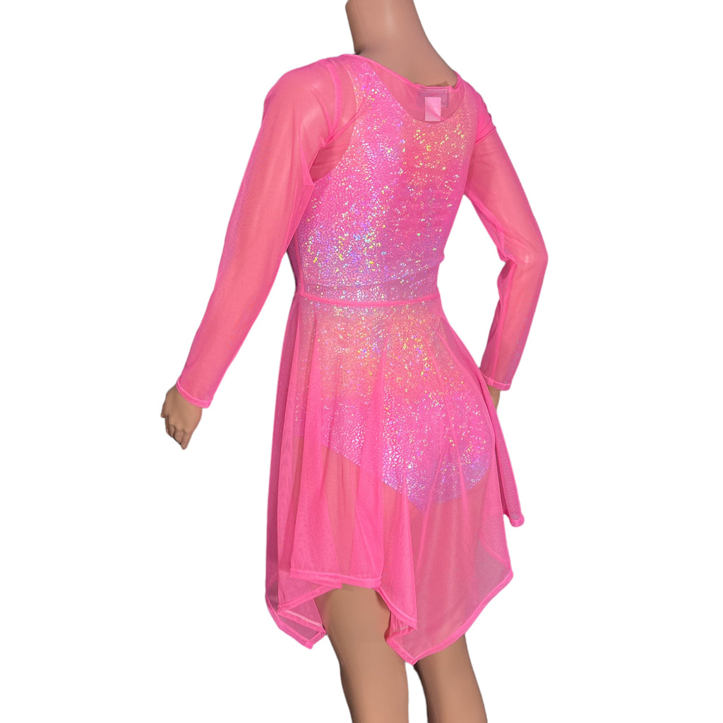 Pink Mesh Long Sleeve Lace-Up Open-Front Asymmetrical Dress - Sheer Rave Dress