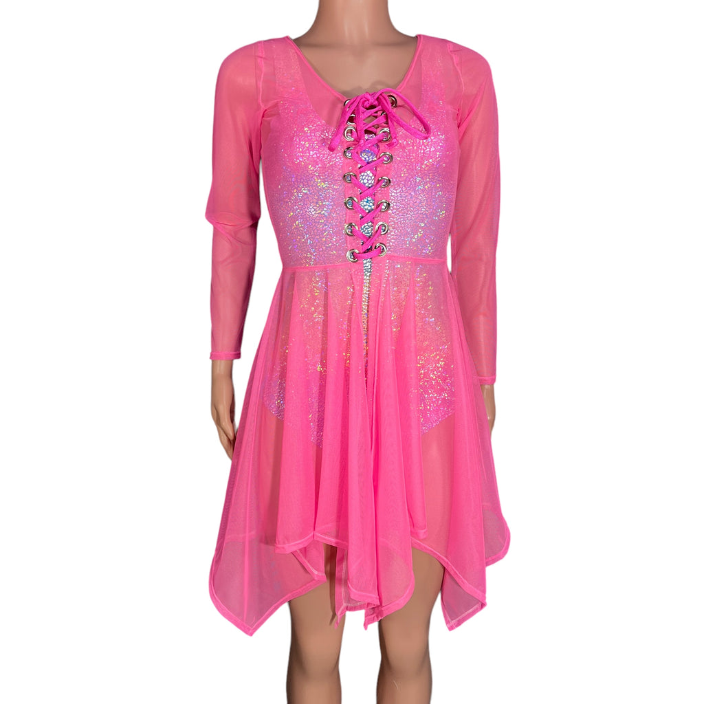 Pink Mesh Long Sleeve Lace-Up Open-Front Asymmetrical Dress - Sheer Rave Dress - Peridot Clothing