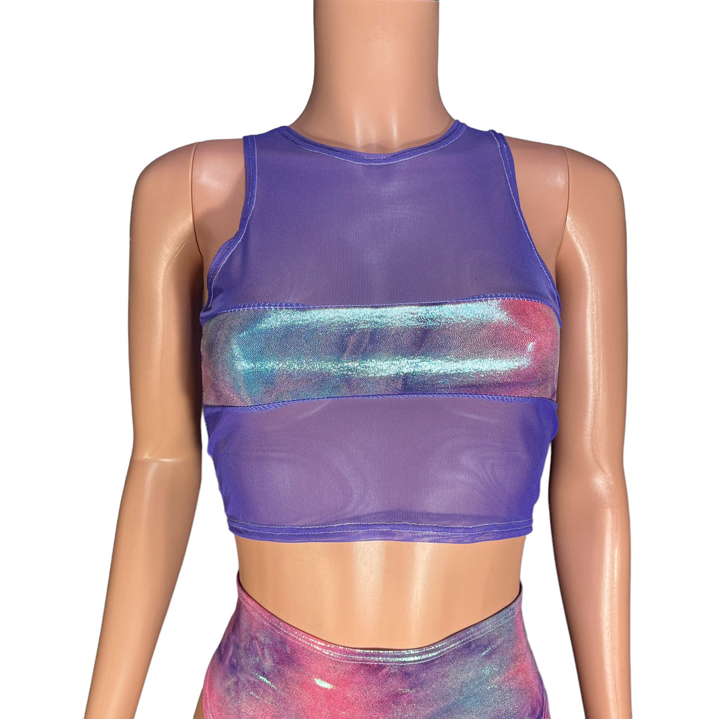 Censor Crop Tank - Lavender Mesh w/ Rainbow Mystique Tie Dye Holographic - Peridot Clothing