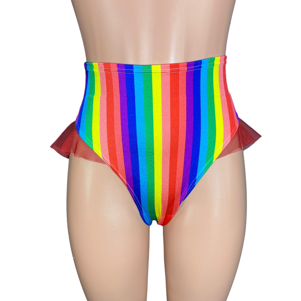 Ruffle Hot Pants High-Waisted Cheeky Bikini in Rainbow Stripe - Peridot Clothing