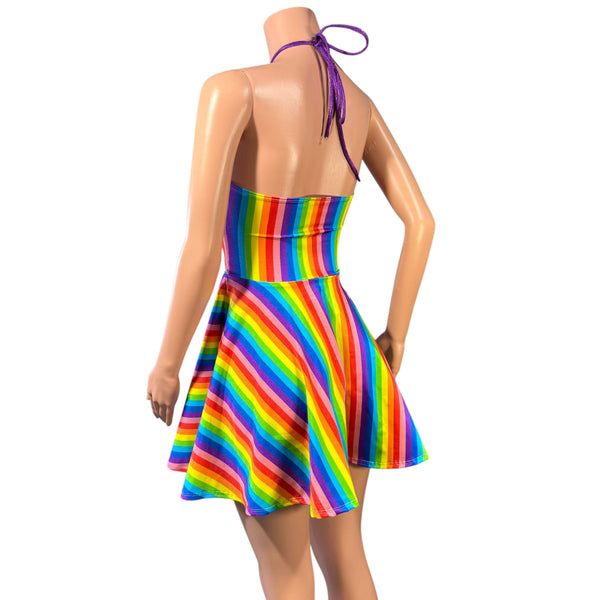 Halter Skater Fit N Flare X-String Dress in Rainbow Stripe XLarge