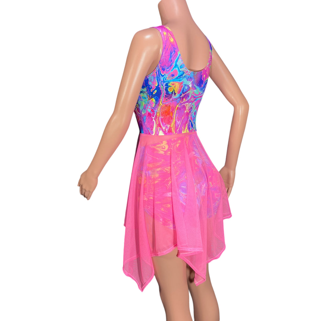 Sleeveless Lace-Up Open-Front Asymmetrical Fairy Dress *Rainbow Vapor w/Pink Mesh*