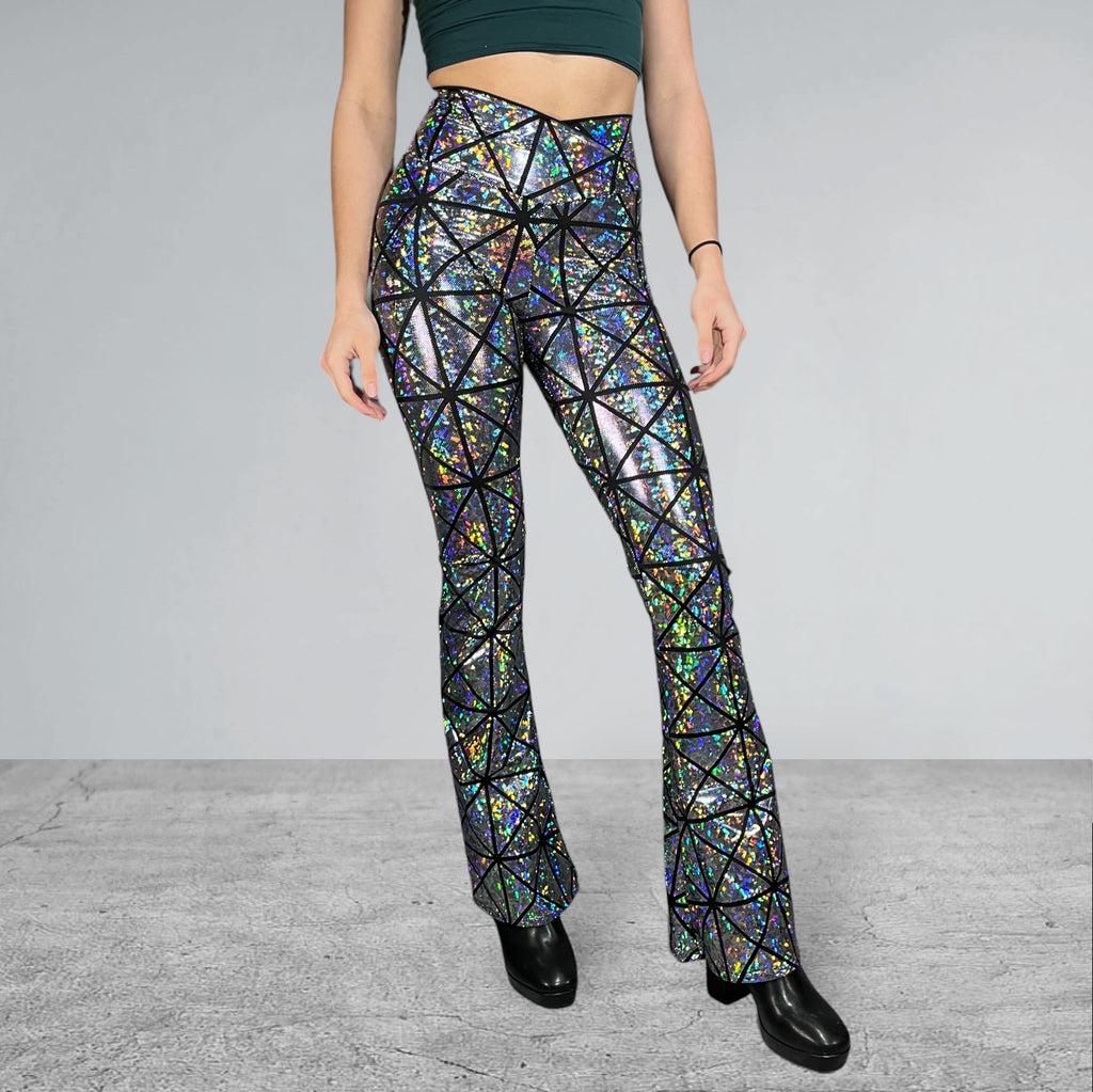 Crossover V-Waist Bootcut Flare Pants - Silver Glass Pane Holographic - Peridot Clothing