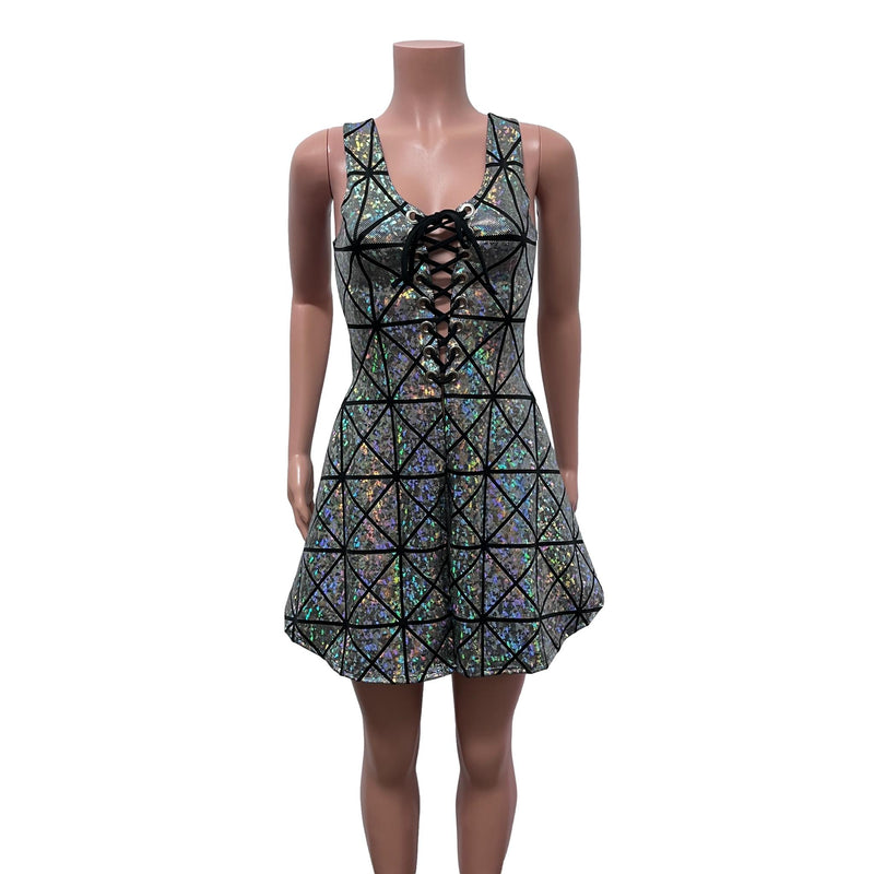 Lace-Up Open-Front Dress - Silver Glass Pane Holographic - Peridot Clothing