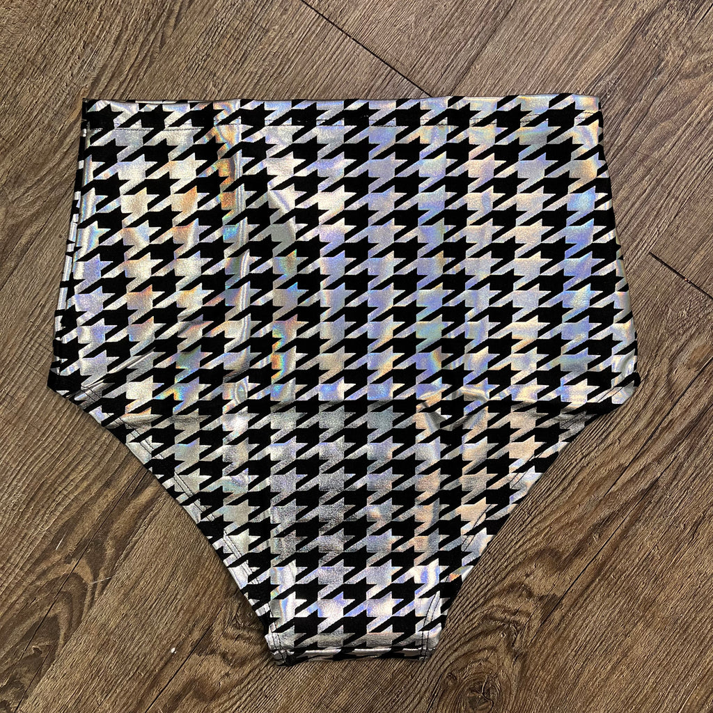 SALE - High Waist Hot Pants - Silver/Black Houndstooth Holographic - Peridot Clothing