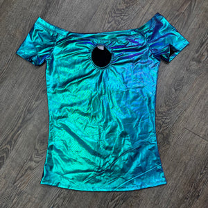 SALE - Full Length Cold Shoulder Keyhole Top - Oil Slick Holographic - Peridot Clothing