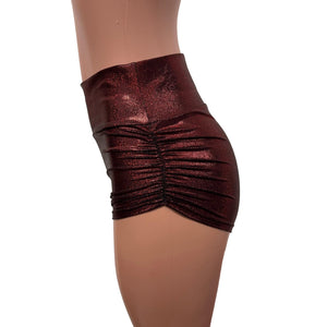 Dark Red Sparkle Ruched Booty Shorts - Choose Low-Waist, Mid-Rise, or High-Waist - Peridot Clothing