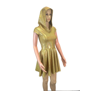 Gold Holographic Cap Sleeve Hoodie Skater Dress - Peridot Clothing