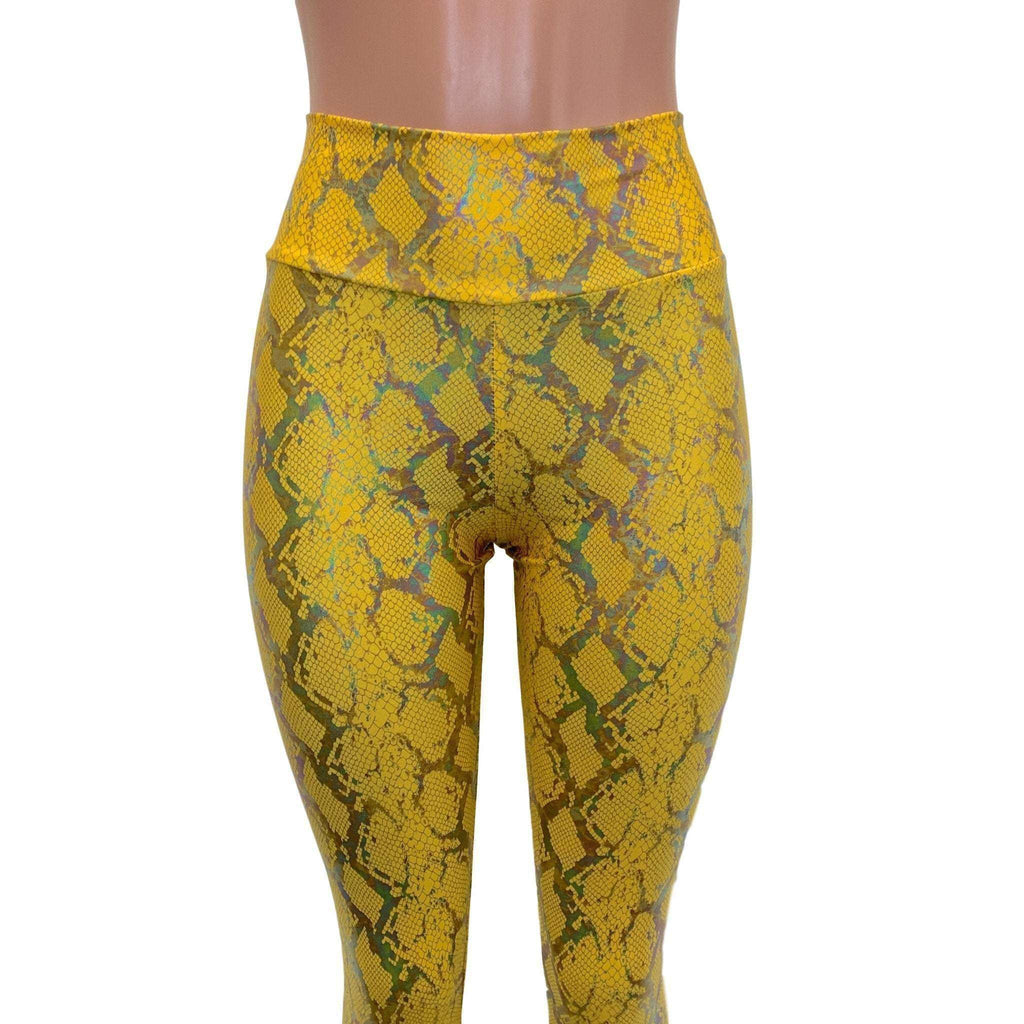 High Waist Leggings - Yellow Snakeskin Holographic - Peridot Clothing