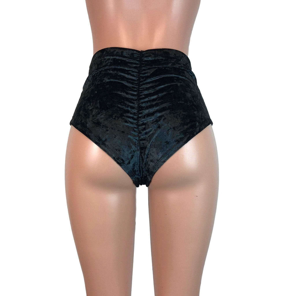 High Waist Scrunch Bikini Hot Pants - Black Crushed Velvet - Peridot Clothing