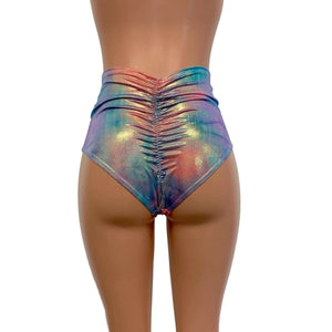High Waist Scrunch Bikini Hot Pants - Rainbow Metallic Mystique - Peridot Clothing