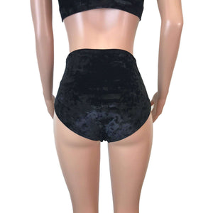 High Waisted Hot Pants - Black Crushed Velvet - Booty Shorts - Bikini Bottom - Festival or Rave Clothing - Peridot Clothing