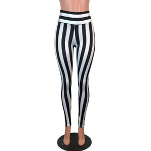 High Waisted Leggings - Black & White Stripe - Peridot Clothing