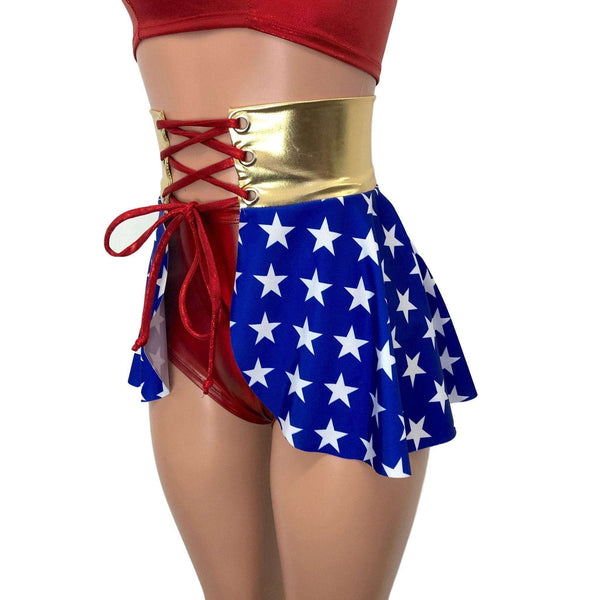 corset bra and extremely short skirt inspired by the Wonder Woman