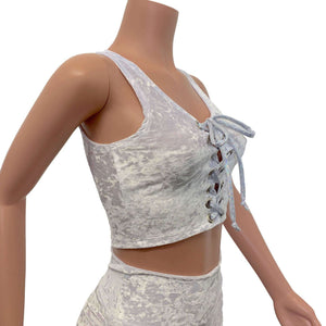 Lace-Up Crop Top - White Crushed Velvet & Silver Holo - Peridot Clothing