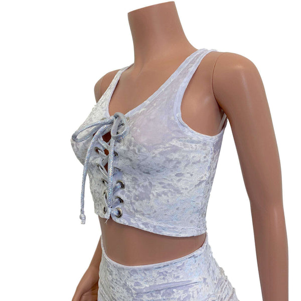 Peridot Clothing Lace Up Crop Top White Crushed Velvet Silver