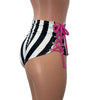 Lace-Up High Waist Scrunch Bikini - Black & White Stripe w/ Pink - Peridot Clothing