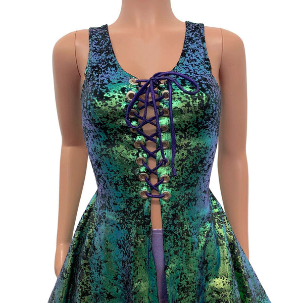 Lace-Up Open-Front Dress - Green on Black Gilded Velvet Peridot Clothing Lace-Up Open-Front Dress - Green on Black Gilded Velvet Peridot Clothing