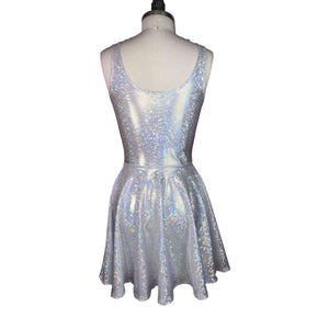 Lace-Up Silver Holographic Skater fit n flare Dress - Peridot Clothing