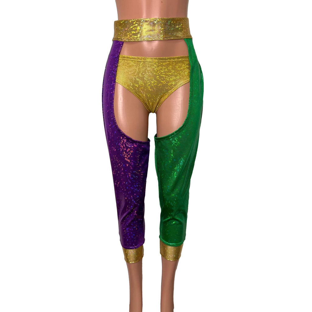 Jogger Chaps in Mardi Gras Colors Holographic Spandex Unisex Women's/Men's - Peridot Clothing
