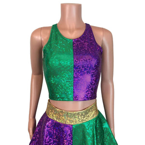 Mardi Gras Outfit - Holographic High Neck Top w/Skater Skirt - Peridot Clothing