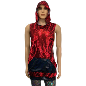 Unisex Muscle Tank Hoodie in Red Lightning Metallic/Black Holographic Pocket Shirt - Peridot Clothing