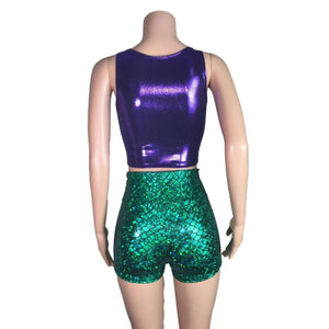 Mermaid Costume - green mermaid scales Booty Shorts and purple crop top outift - Clubwear, Rave Wear, Mini Circle Skirt - Peridot Clothing