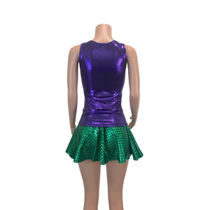 Mermaid Costume - Green Mermaid Scales Skater Skirt & Purple Tank Outfit - Rave Costume, Cosplay - Peridot Clothing