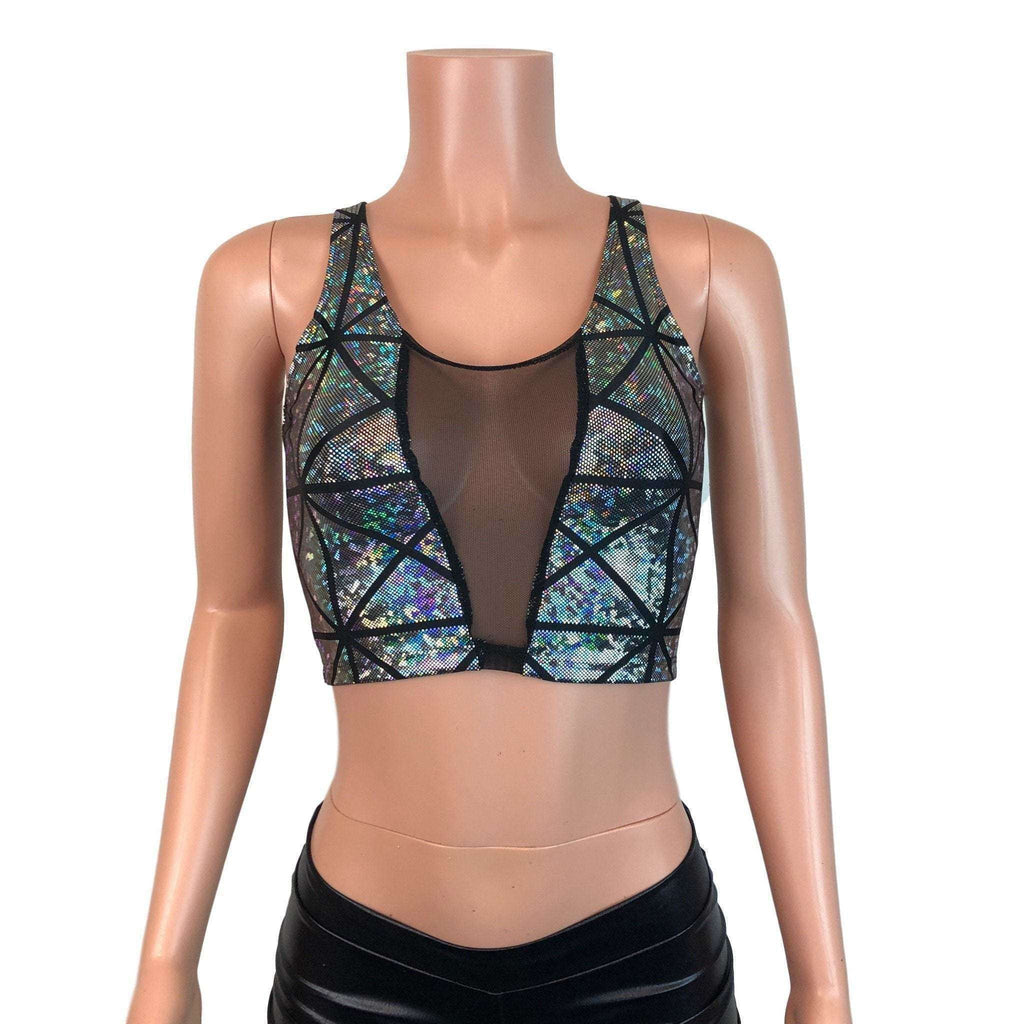 Mesh Inset Crop Tank Top - Silver Glass Pane Holographic - Peridot Clothing