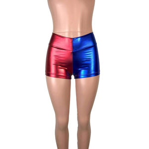 MID-Rise Booty Shorts - Harley Quinn Blue/Red Metallic - Peridot Clothing