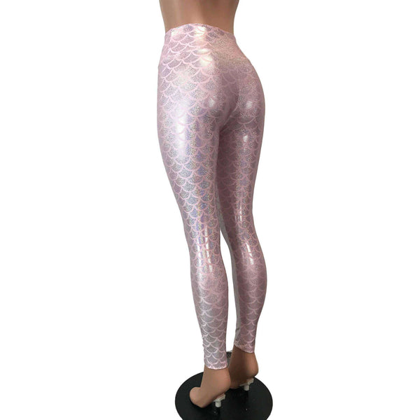 Pink Mermaid Scale Holo Holographic High Waisted Leggings Pants– Peridot  Clothing