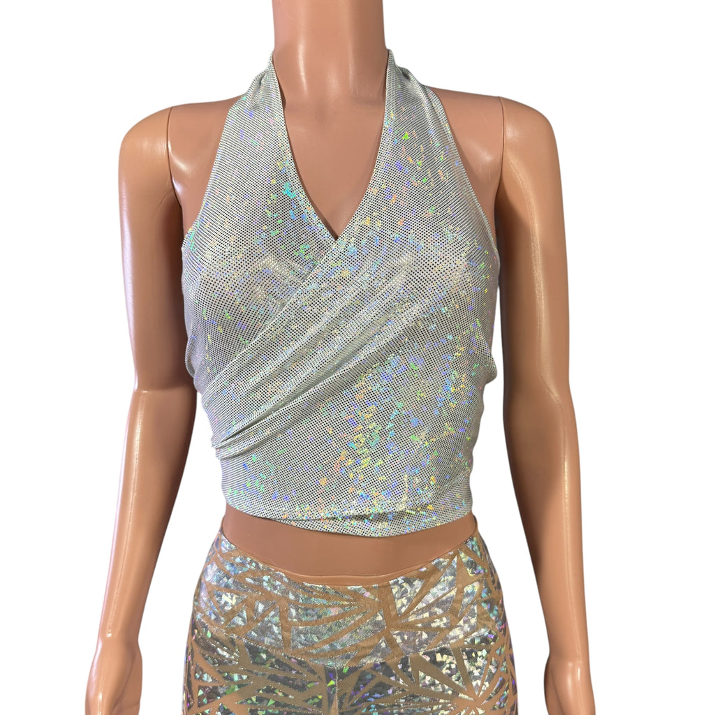 SALE - MEDIUM Cropped Halter Wrap Top in Silver on White Shattered Glass