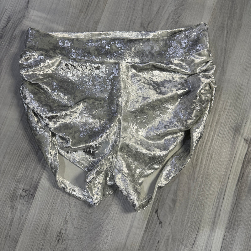 SALE - SMALL Low-Rise Ruched Booty Shorts in Silver on White Gilded Velvet